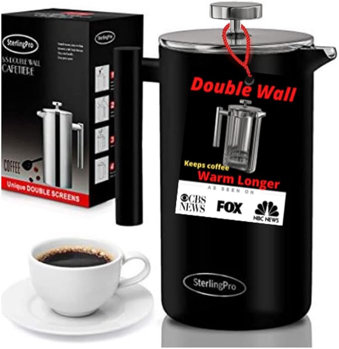 French Press Coffee Maker (1.5L)-Double Walled Large Coffee Press with 2 Free Filters-Enjoy Granule-Free Coffee Guaranteed- Stylish Rust Free Kitchen Accessory-Stainless Steel French Press French Press Coffee Maker (1.5L)-Double Walled Large Coffee Press with 2 Free Filters-Enjoy Granule-Free Coffee Guaranteed- Stylish Rust Free Kitchen Accessory-Stainless Steel French Press
