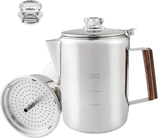 Coffee Percolator Camping Coffee Pot Stainless Steel Coffee Maker with Two Heat Resistant Tough Glass Knob Using on any Stovetop Outdoor Traveling NO Aluminum NO Plastic (9 Cup)