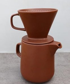 Ebros Gift Colorful Matte Finish Porcelain Portable Personal Artisan Hand Crafted Barista Style Coffee Maker Carafe Pot Flask With Pour Over Dripper Filter Cup Set (Brown)