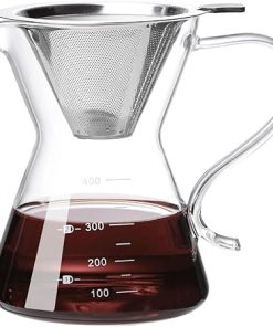 Pour Over Coffee Maker – Elegant Drip Coffee Maker with Reusable Stainless Steel Filter/Dripper- Lead-Free Borosilicate Glass Coffee Carafe for 1-2Cup (400ml/13.5oz)