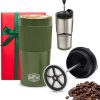 Travel French Press Mug (15oz) – Stainless Steel & Double Wall Vacuum Army Green Coffee Maker – Single Serve French Press for Travel- Home