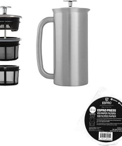 ESPRO – P7 French Press – Double Walled Stainless Steel Insulated Coffee and Tea Maker with Micro-Filter – Keep Drinks Hotter for Longer (Brushed Stainless Steel- 18 Oz) + ESPRO Coffee Paper Filters (100 Count) 2