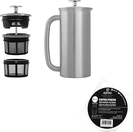 ESPRO – P7 French Press – Double Walled Stainless Steel Insulated Coffee and Tea Maker with Micro-Filter – Keep Drinks Hotter for Longer (Brushed Stainless Steel- 18 Oz) + ESPRO Coffee Paper Filters (100 Count) 2 ESPRO - P7 French Press - Double Walled Stainless Steel Insulated Coffee and Tea Maker with Micro-Filter - Keep Drinks Hotter for Longer (Brushed Stainless Steel- 18 Oz) + ESPRO Coffee Paper Filters (100 Count) - Image 2