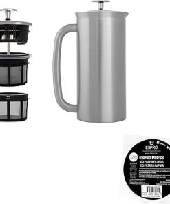 ESPRO – P7 French Press – Double Walled Stainless Steel Insulated Coffee and Tea Maker with Micro-Filter – Keep Drinks Hotter for Longer (Brushed Stainless Steel- 32 Oz) + ESPRO Coffee Paper Filters (100 Count)
