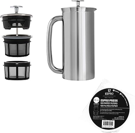 ESPRO – P7 French Press – Double Walled Stainless Steel Insulated Coffee and Tea Maker with Micro-Filter (Polished Stainless Steel- 18 Oz) Coffee Paper Filters (100 Count) ESPRO - P7 French Press - Double Walled Stainless Steel Insulated Coffee and Tea Maker with Micro-Filter (Polished Stainless Steel- 18 Oz) Coffee Paper Filters (100 Count)