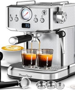 PlumChef Espresso Machine 20 Bar Professional Compact Household Coffee Espresso Maker with Milk Frother Steam Wand Pressure Gauge 60oz Water Tank Low Noise and Fast Coffee Machine for Cappuccino Latte