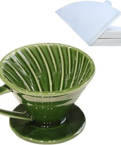 Ceramic Pour Over Coffee Dripper includes 50 Filters Porcelain Coffee Maker 01 Hand Drew Brewing Pottery Green Portable Artisanal Manual Gift for 1-2 People Home- Office