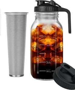 Brew Coffee Maker Jar – 64 oz Thick Glass Pitcher with 2 Lids – Stainless Steel Filter for Iced Brew Coffee- Lemonade
