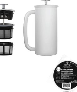 ESPRO – P7 French Press – Double Walled Stainless Steel Insulated Coffee and Tea Maker with Micro-Filter – Keep Drinks Hotter for Longer (Matte White- 18 Oz) Coffee Paper Filters (100 Count) 2