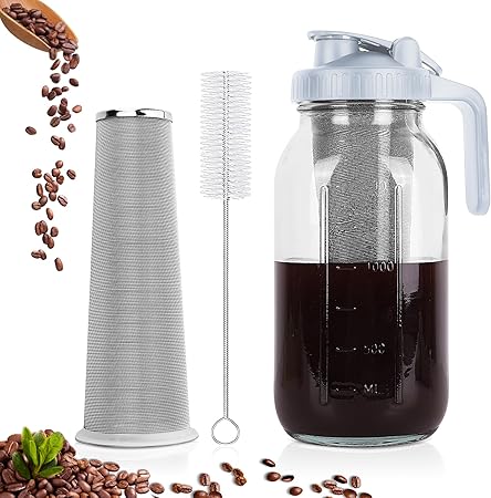 Cold Brew Coffee Maker-64 oz Mason Jar Pitcher with Stainless Steel Filter Cold Brew Coffee Maker-64 oz Mason Jar Pitcher with Stainless Steel Filter