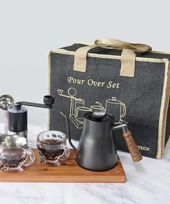 SOTECH Portable Coffee Maker Set Tea Set And Tray; Manual Grinder; Stainless Steel Scoop & 2 Glass Cups and Wooden Tray 2